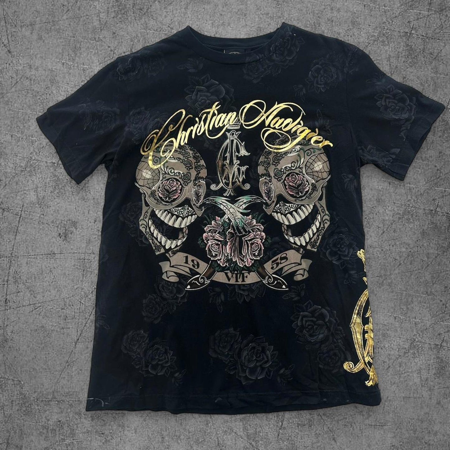 Black Christian Audigier Ed Hardy Skull Tee - L
