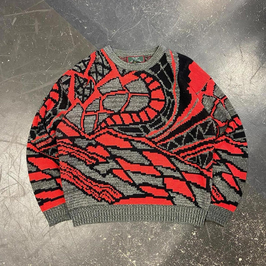 90s Red / Grey Sears Grandpa Knit - L
