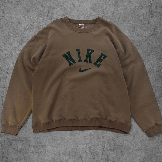 Vintage 90s Nike Centre Swoosh Brown Spellout Crewneck - XL
