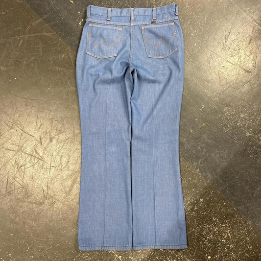1970s Baby Blue Wrangler Pleated Flare Pants - 33