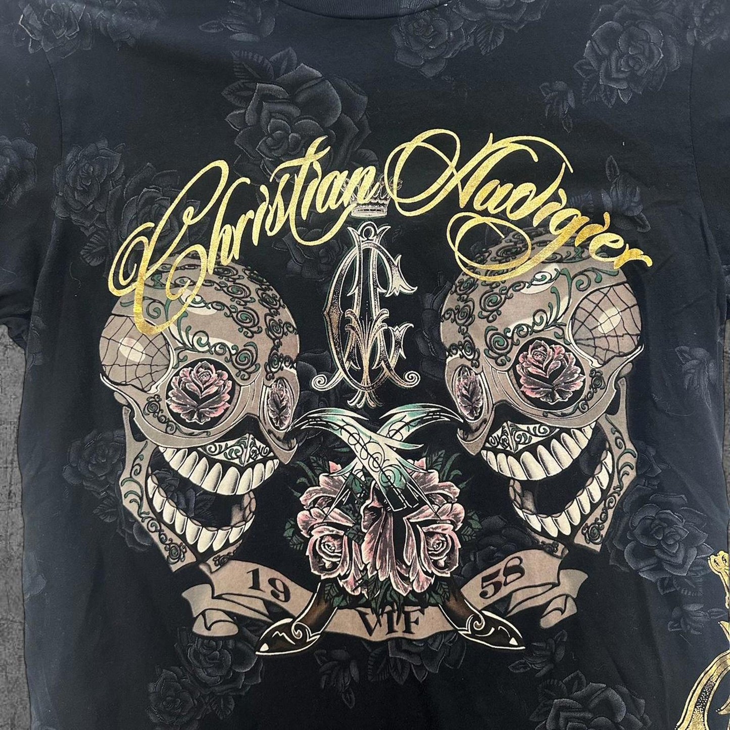 Black Christian Audigier Ed Hardy Skull Tee - L