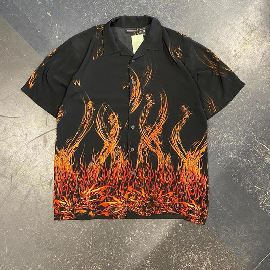 Y2K Flames Dragon Skull AOP Button Up - XL
